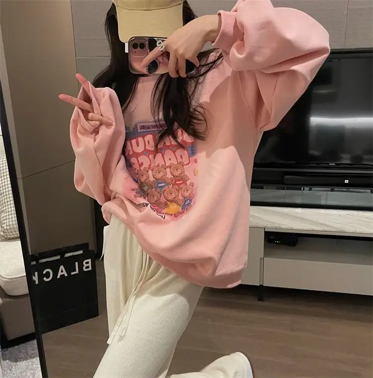 Winter Pink Sweater Women New Lazy Style Hoodie With Plush And Thickened Loose Sweet And Cool Salt Style High Street