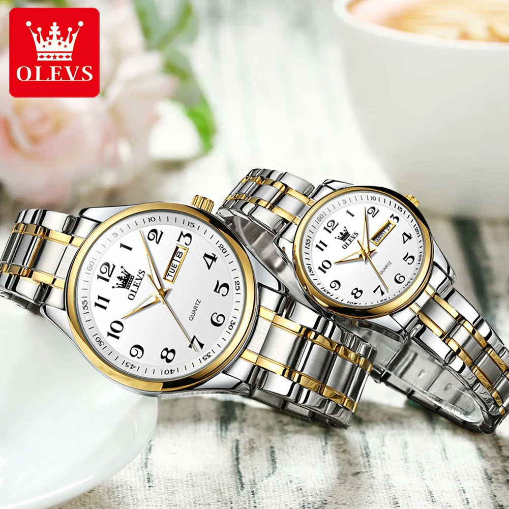 OLEVS 5567 Original Quartz Couple Watch for Men and Women Classic Digital Dial Week/Date Business Luxury Lover\'s Wristwatch Gift