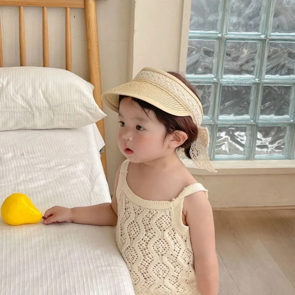 New Summer Baby Straw Caps Empty Top Beach Bow Lace Straw Hat Wide Brim Korean Children Sun Hat Vacation