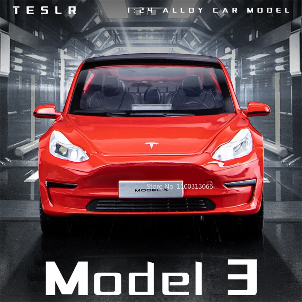 

1:24 Tesla Model 3 Car Model Diecasts Metal Toys Vehicles 6 Doors Can Be Opened Sound Light Pull Back Function Collection Toys