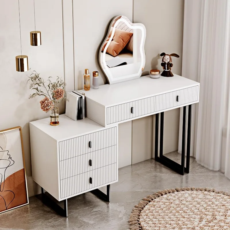 

Vanity Desk with 3 Color Touch Screen Dimming Mirror, Modern Makeup Dressing Table with Adjustable Cabinet and 5 Sliding Drawers