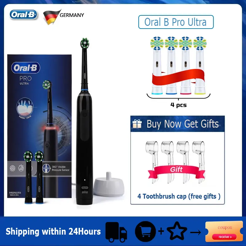 Oral B Pro Ultra Electric Toothbrush 30S Smart Timer Pressure Pro 4 Modes Gum Care Deep Clean Tooth Brushes with 3 Brush Heads