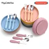 Poplittleone Free Customized Logo Baby Feeding Set Infant Dishes Plate With Sucker Bowl Training Fork Spoon Children's Tableware 1