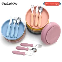 Poplittleone Free Customized Logo Baby Feeding Set Infant Dishes Plate With Sucker Bowl Training Fork Spoon Children's Tableware 1