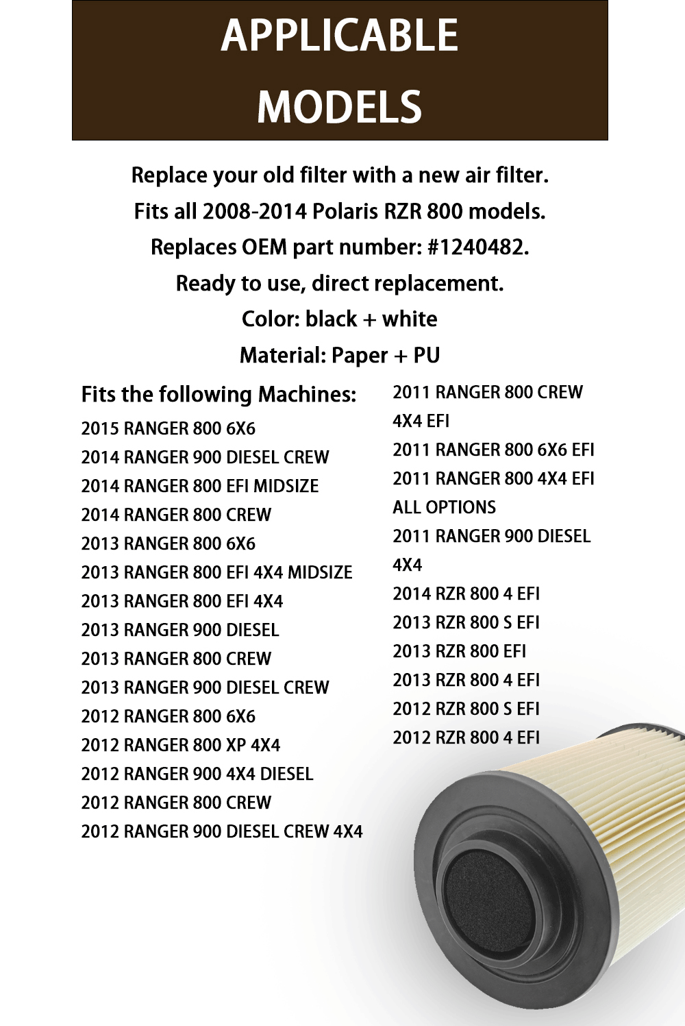 Description Picture 5 of itemAir Filter 1240482 Compatible with Polaris RZR 800 S Ranger 800 900 RZR RZR S RZR 4 4X4 6X6 Crew XP Ranger