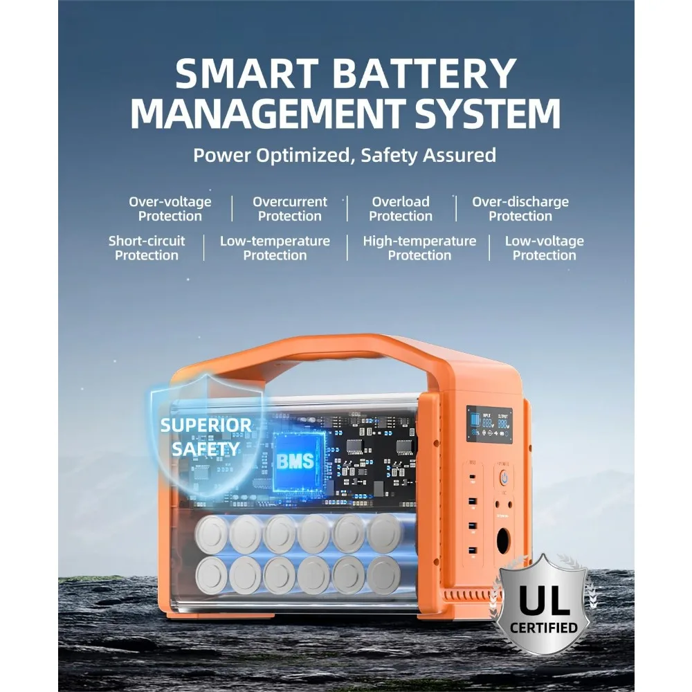 Portable Power Station, LiFePO4 Solar Generator, 2*600W (Peak 1200W) AC Power Sockets, 100W USB-C, 556Wh 6