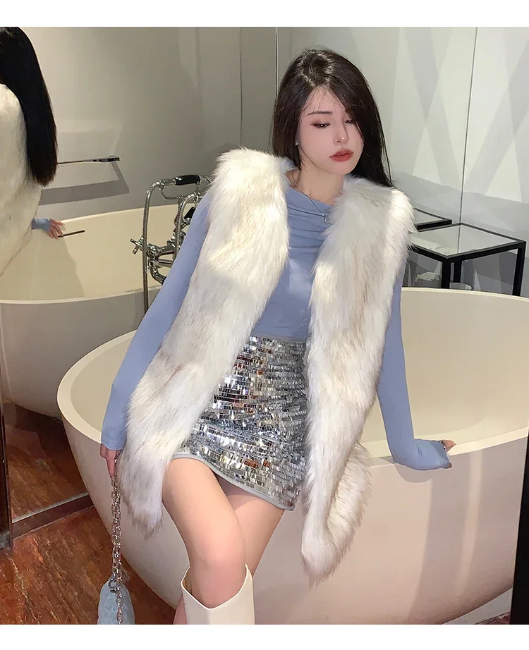 FANIECES Autumn Winter Faux Fur Vest Jacket Women Coat Fluffy Sleeveless Artificial Fur Long Waistcoat manteau femme hiver шуба