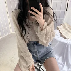 Aoaiiys Pullover Women Thin Sweaters French V-neck Hollow Pullover Knit Spring Summer 2024 Chic Tops Loose Loose Long Sleeve Top