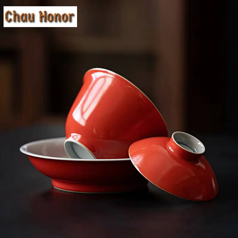160ml Persimmon Red Ceramic Sancai Covered Bowl TeaCup Handmade Household Puer Kungfu Teaset Tea Ceremony Accessories Drinkware