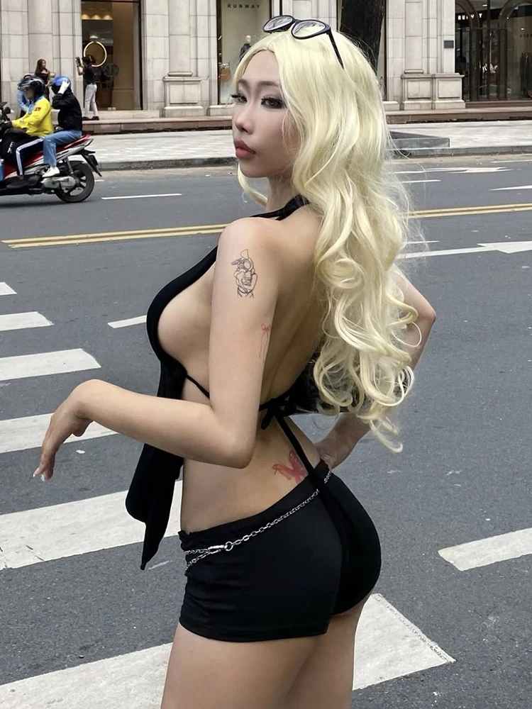 Nibber Irregular Hem Women v-Neck Simple Sleeveless Wild Street Backless Metal Trim Frenulum Halter Sexy Fashion Hottie Vest