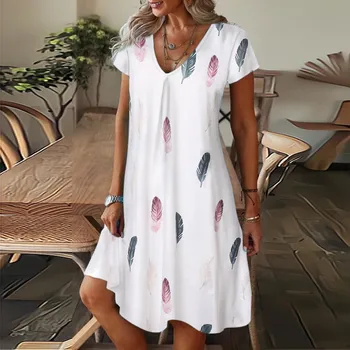 Feather Print Dresses Women Summer Clothing Short Sleeve V-Neck Mini Dress Elegant Bohemian Trendy Sundress Beach Vestidos