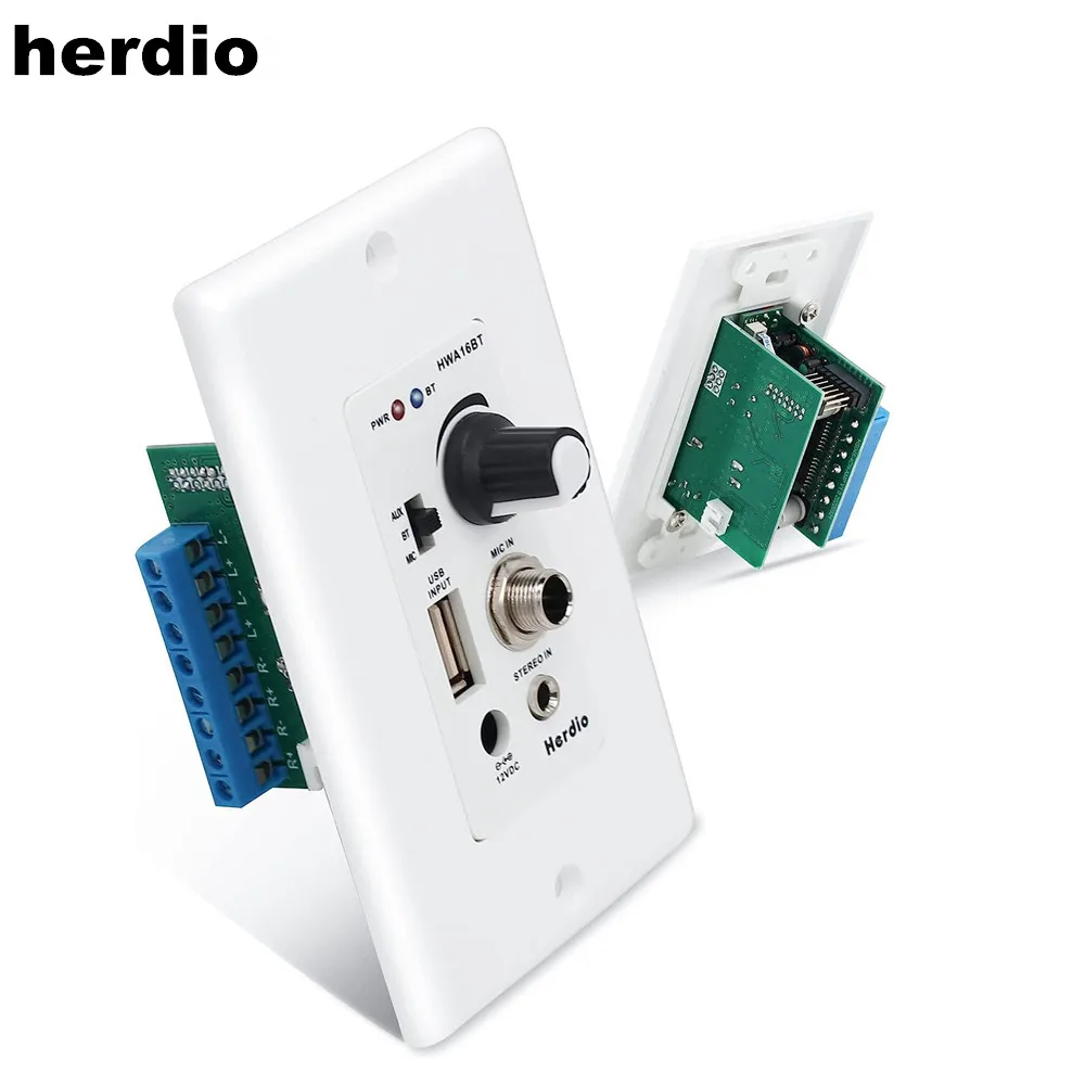 Herdio Bluetooth Wall Amplifier 4 Channels Volume Control Wall Plate USB/MIC/AUX 3.5mm Inputs Connect 4 Speakers With 12V 3A audio amplifier