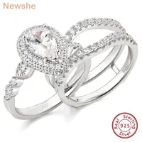 Newshe 2 Pieces 925 Sterling Silver Engagement Ring Enhancer Wedding Band for Women Pear Cut AAAAA Zircon Jewelry Size 4-13