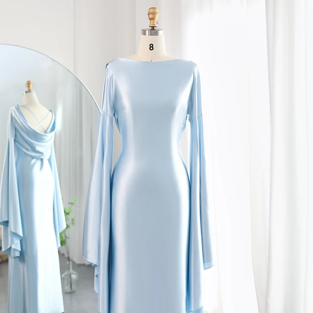 Arabic Light Blue Mermaid Evening Dress with Flare Long Sleeves Criss Cross Dubai Women Wedding Party Gowns F027 4