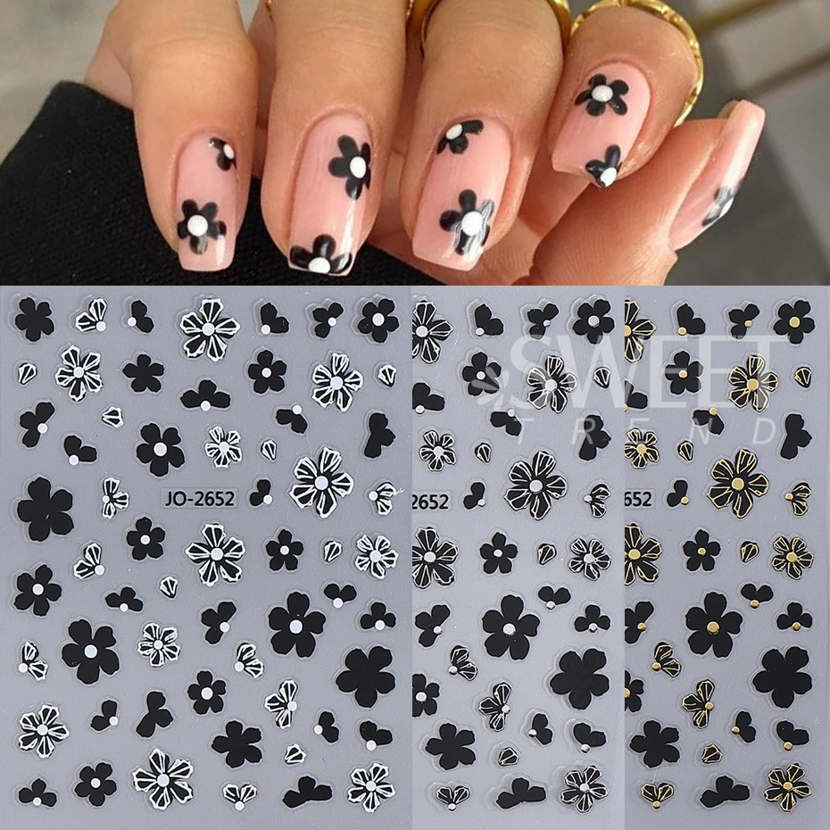 3pcs 3D Black French Flower Nail Stickers Simple Gold Silver Petal Nail Decals Sliders Autumn Manicure Decoration Nail Supplies
