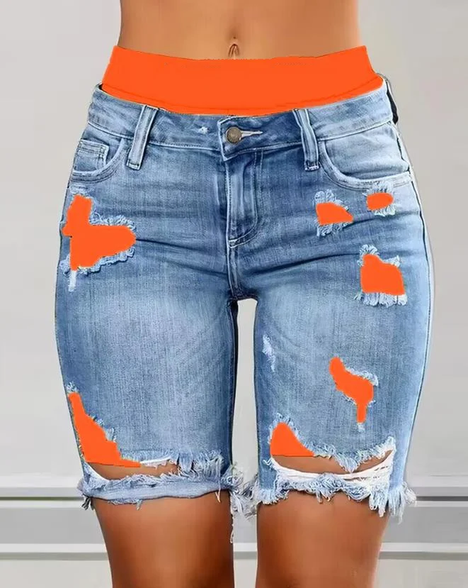 2023 우아한 여름 새로운 패션 여성 Colorblock 편지 인쇄 찢어진 2-In-1 데님 스키니 반바지 여성 캐주얼 하단