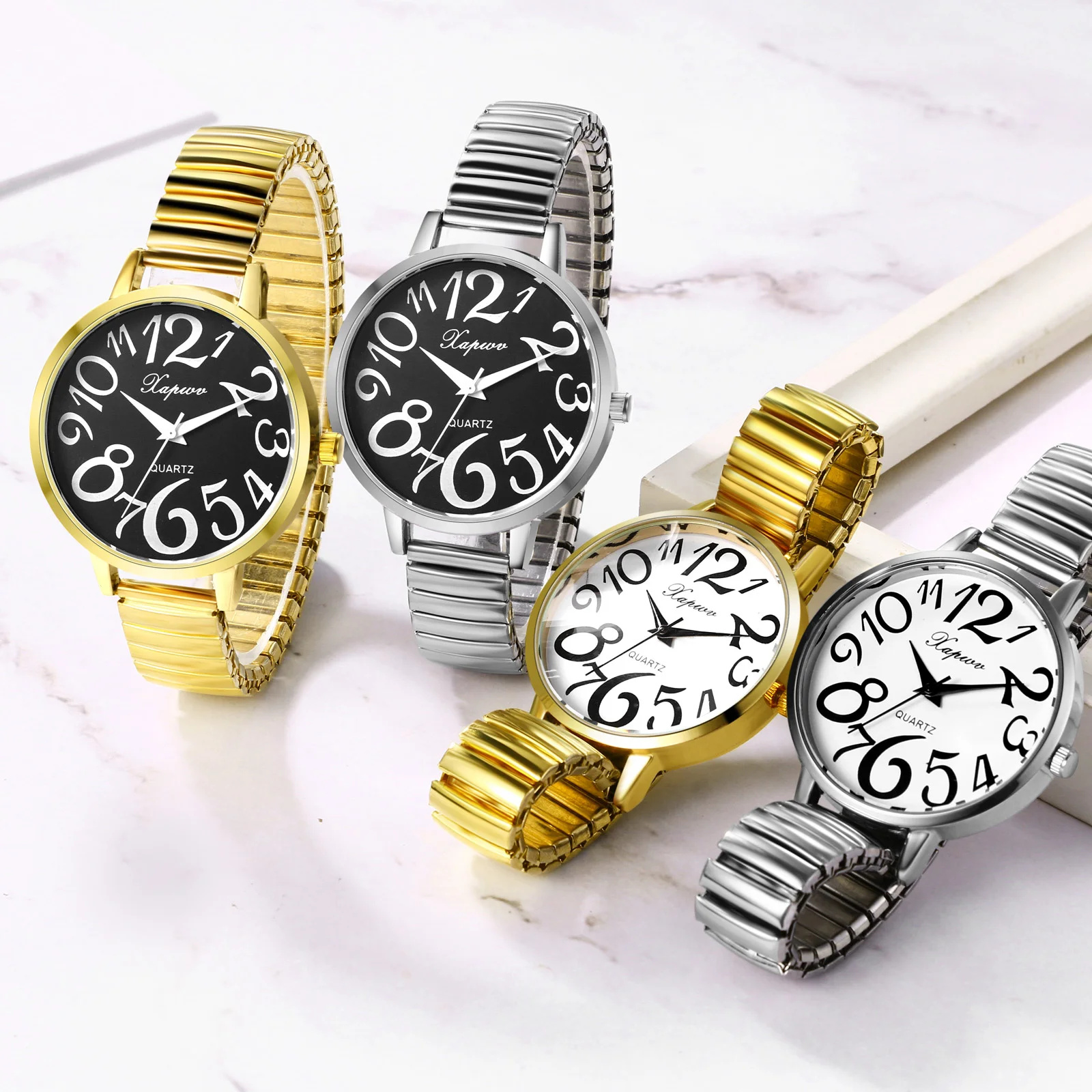 Lancardo Womens Ladies Large Numerals Big Dial Elderly Watch Stainless Steel Stretch Elastic Band Wristwatch Christmas Xmas Gift 4