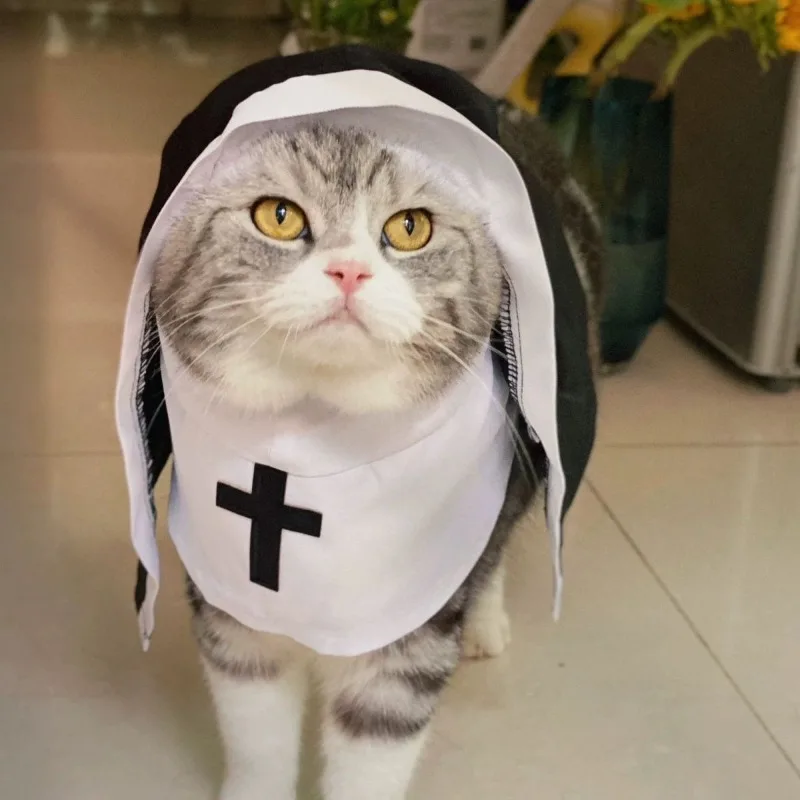 Nun Costume for Cat & Dog - Breathable Funny Pet Clothing, Small Medium Size Cosplay Photo Props Viral TikTok Instagram