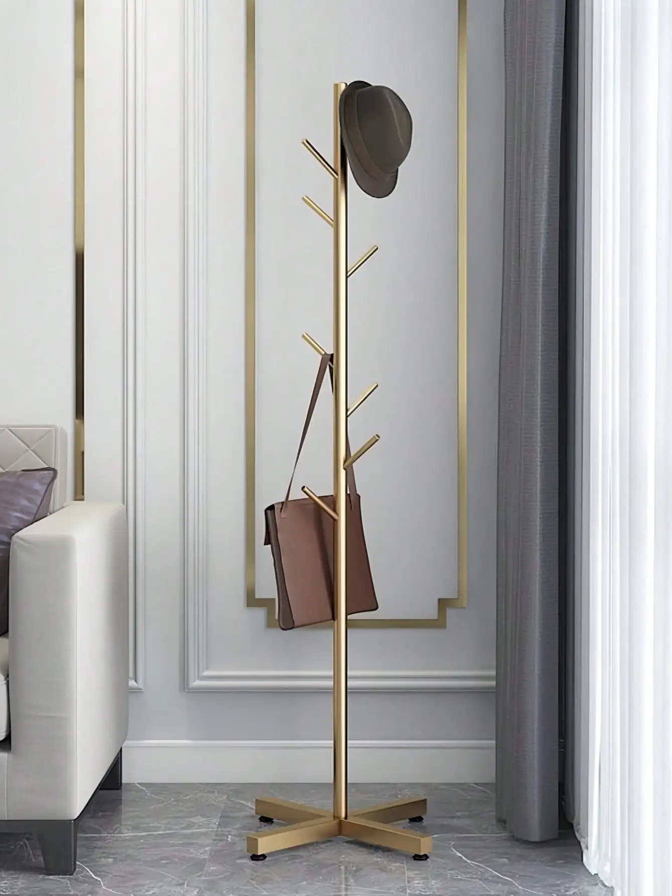 Modern Minimalist Floor-Standing Coat Rack, Entryway Garment Hanger With Spacious Storage, Marble Board & Metal Frame (Product P