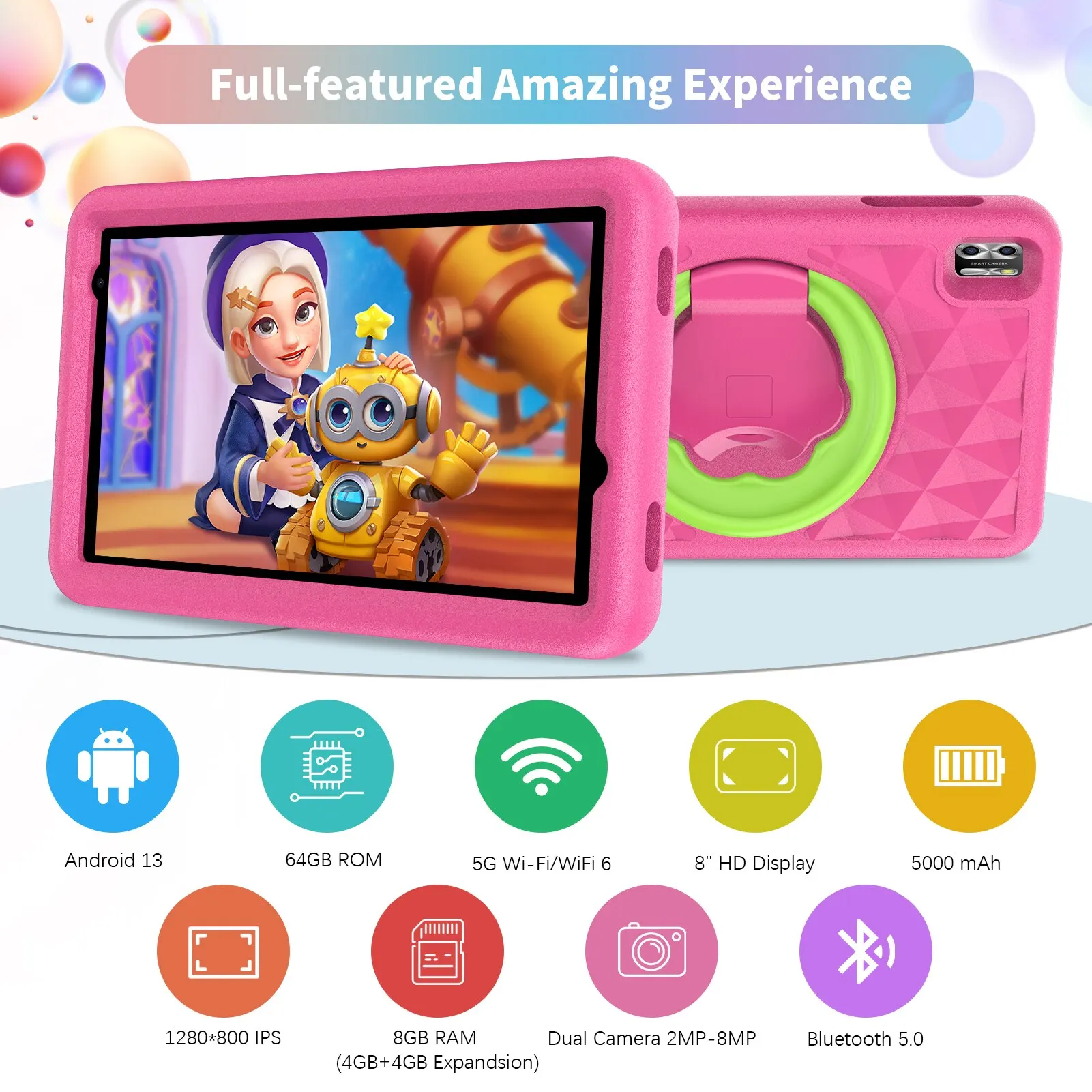 thumbnail image 2 of VASOUN-Tableta de 8 pulgadas para niños, dispositivo con Android 13, Quad Core, 8GB RAM + 64GB ROM, 5000mAh, cámara Dual, WiFi, Control Parental, 2 of 5