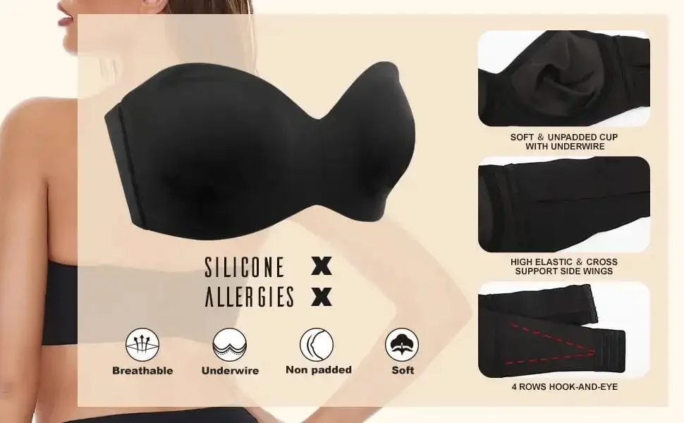 Wireless Strapless Bandeau Bra - Padded, Non-Slip Silicone, Multi-Way Tube Top For Women, Comes With Clear & Fabric Straps
