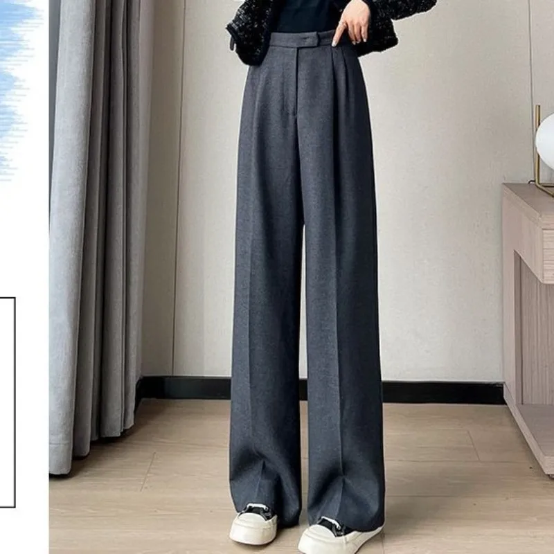 Women's 2023 Autumn and Winter New Korean High Rise Straight Zipper Solid Color Ruched Thick Loose Fitting Casual Wide Leg Pants