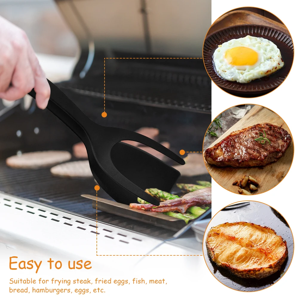 2 In 1 Egg Flipper Tongs Non Stick Steak Clips Spatula Multifunctional Pancake Spatula Clamp for Home Kitchen Cooking