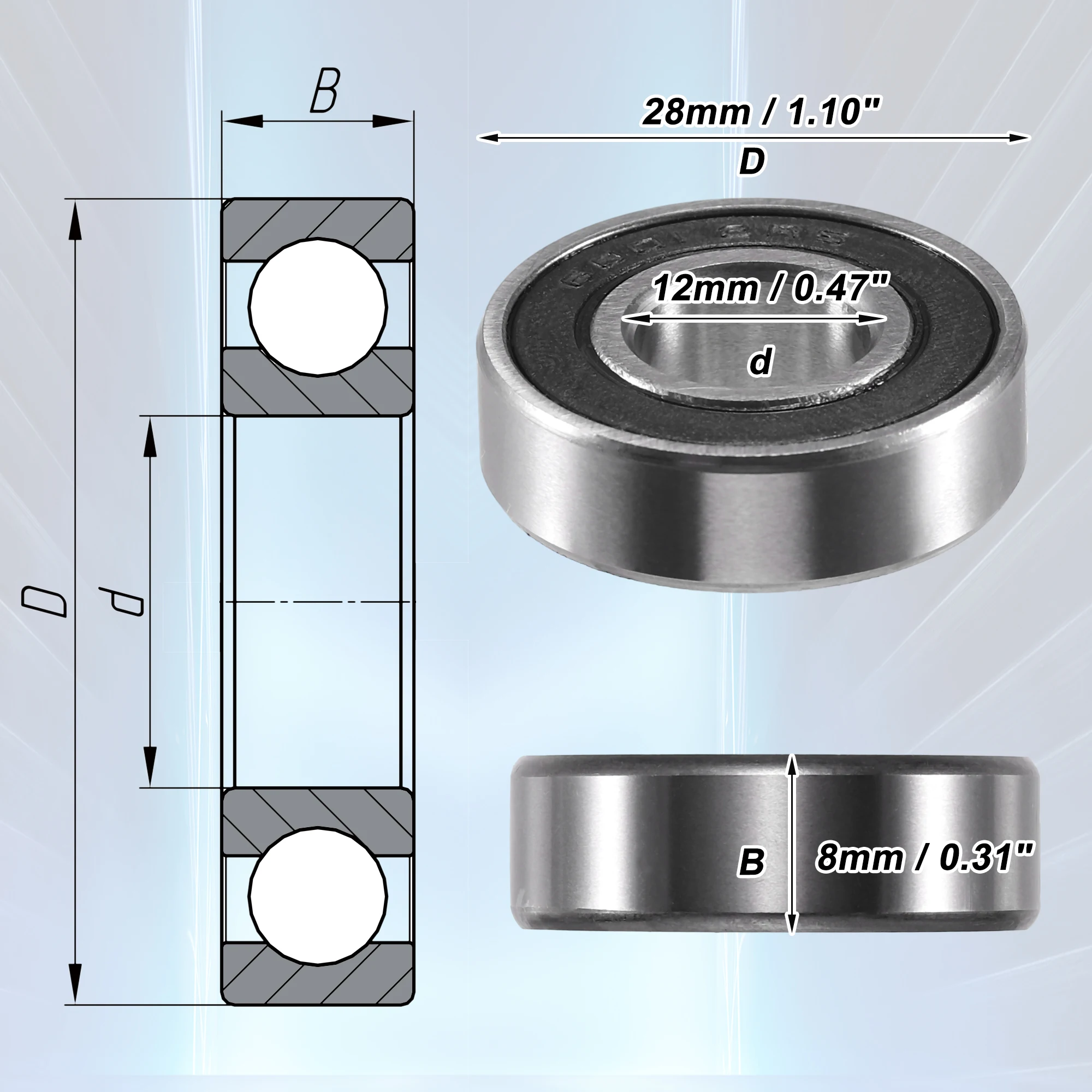 Motoforti 10 ks 6001-2RS 12x28x8mm ložisko dvojitý guma seal car hluboká drážka bál zaměření