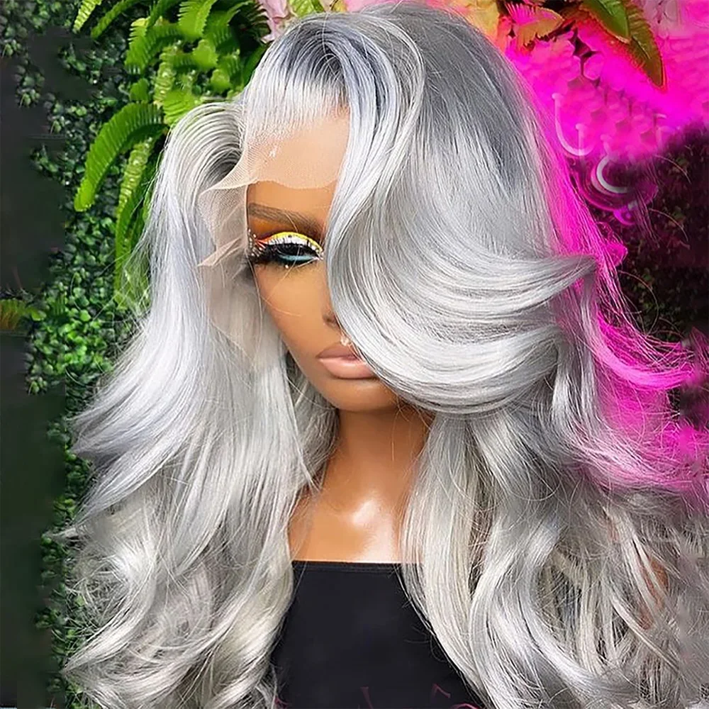 13x4 Gray Body Wave Lace Front Wig Brazilian Transparent Lace Frontal Wig Silver Grey Colored Straight Human Hair Wigs