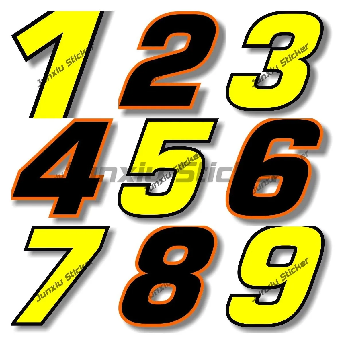 

Custom Race Number Black with Orange Border Number 0-9 Sticker Graphic Yellow with Black Racing Number Decal for Cars SUV Bumper