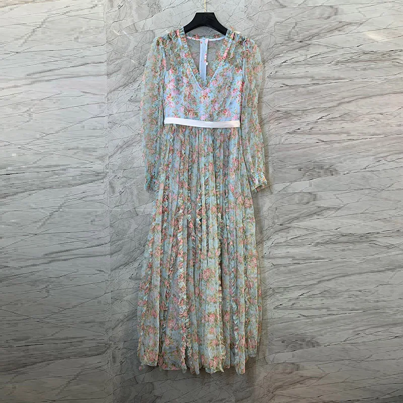 

XXL Long Dress 2022 Autumn Wedding Party Women V-Neck Exquisite Floral Prints Cascading Ruffle Long Sleeve Blue Maxi Dress Mesh