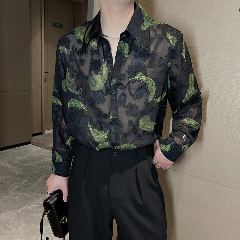 

Black Sexy Transparent Stylish Mens Clothing 2023 Summer Feather Embroidered Hollow See Through Shirts Blouse Oversize Unusual