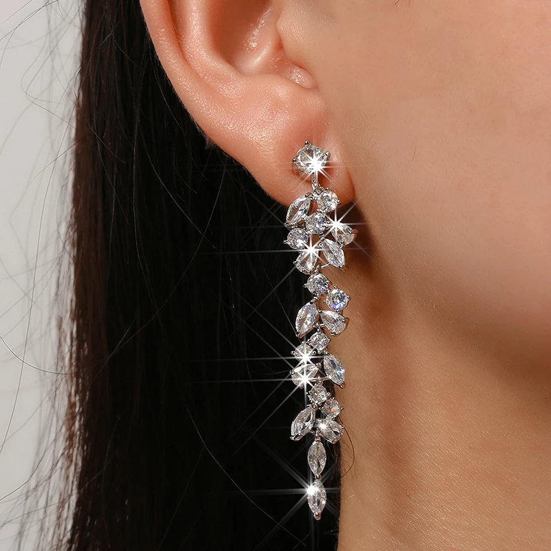 Ear Clip Earrings Clip Earrings Ear Clip Ear Accessories Luxury Zirconia Crystal Long Leaf Drop Dangle Clip on Earrings Women Bridal Wedding Party Without Piercing