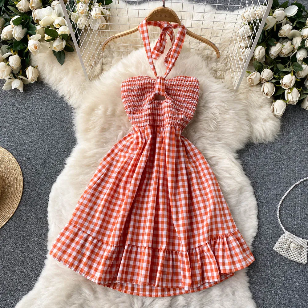 

Europe and the United States 2022 Spring New Slim Slim Fashion Versatile French Checked Suspender Elastic Dress Short Dress