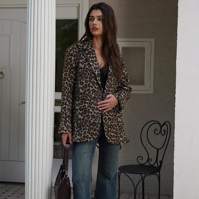 Fall Leopard Print Jacket Blazer Women Lapel One Button Long Sleeve Loose Coat Female Fashion All-matching New in Outwears