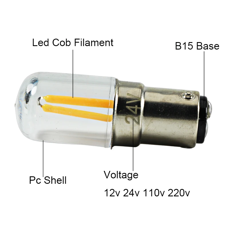 2개 앰플 LED 필라멘트 라이트 B15 BA15D 220V 12V 24V 2W 미니 스포트라이트 냉장고 재봉틀 램프 12 24 볼트 실내 전구