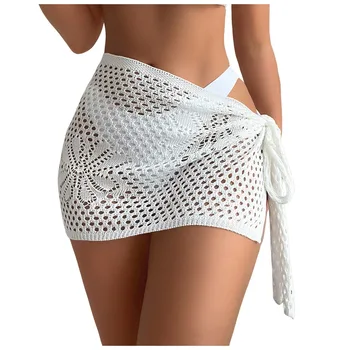 Women Beach Skirt Hollow Out Solid Color Tie Knot Knitted Mini Skirt For Women Summer Vacation Beachwear Cover Up Sarong Skirt 1