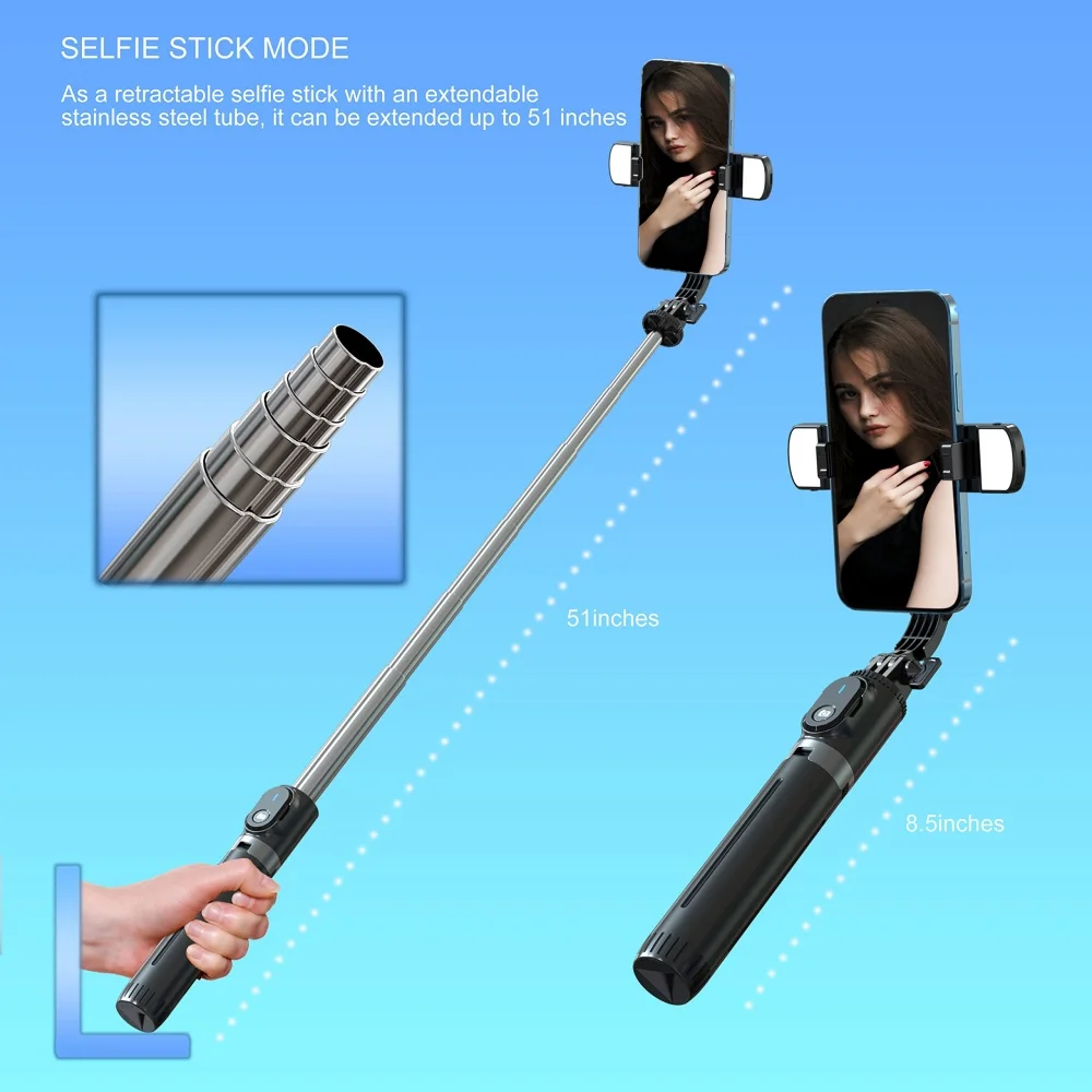 P93 Selfie Stick Tripod with Remote 1.3m Extendable Cell Phone Tripod with Light Gopro Compatible for IPhone, Android, Camera