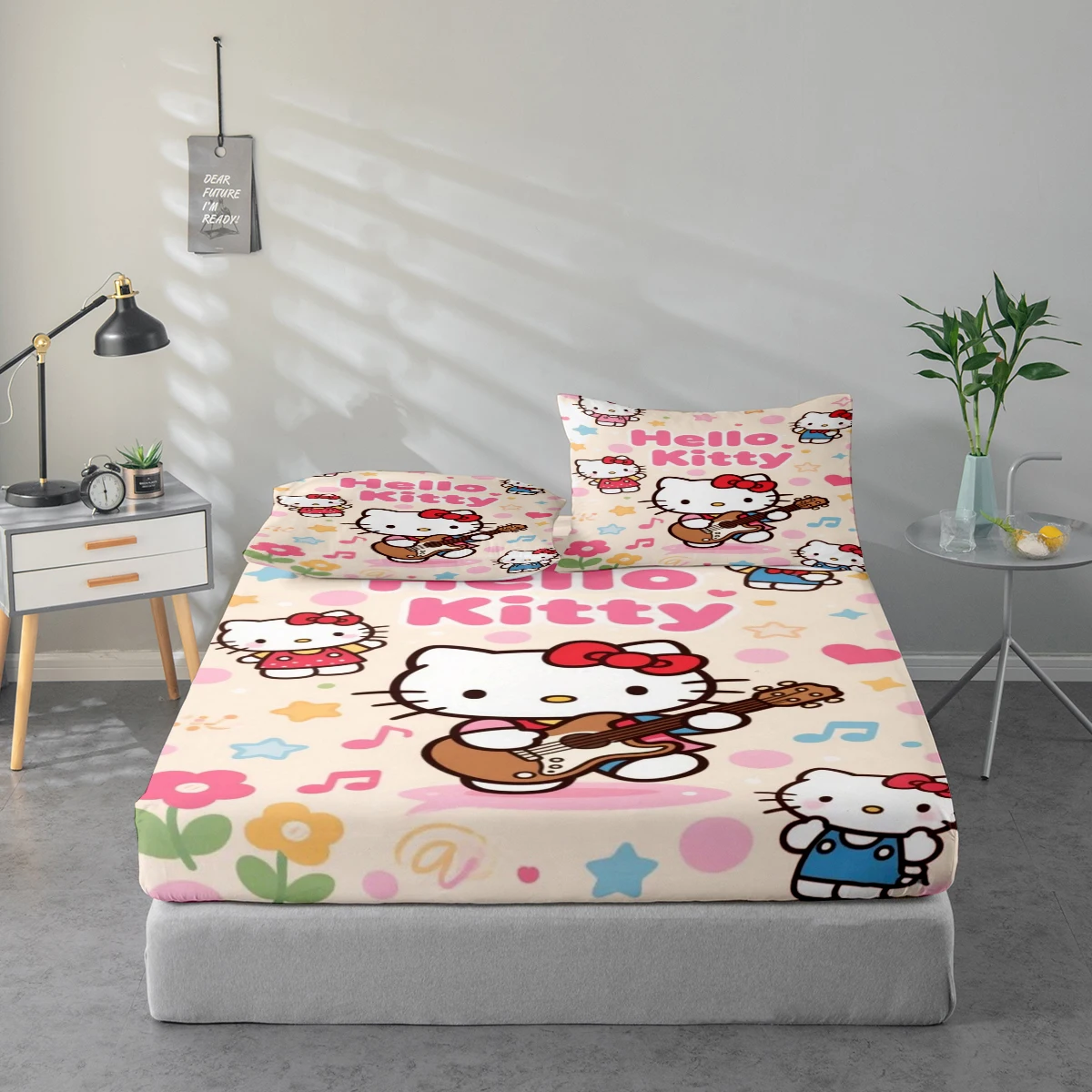 Set di lenzuola stampate digitalmente ad alta definizione in 3 pezzi con motivo Hello Kitty, set di lenzuola con stampa floreale di grandi dimensioni, include 1 lenzuolo con angoli + 1/2 federa, adatto per camera da letto, camera degli ospiti, decorazioni per la casa, lenzuolo con angoli in fibra di poliestere + federa, biancheria da letto ultra morbida, tessuto spesso e ultra morbido, confortevole per tutte le stagioni, lavabile in lavatrice