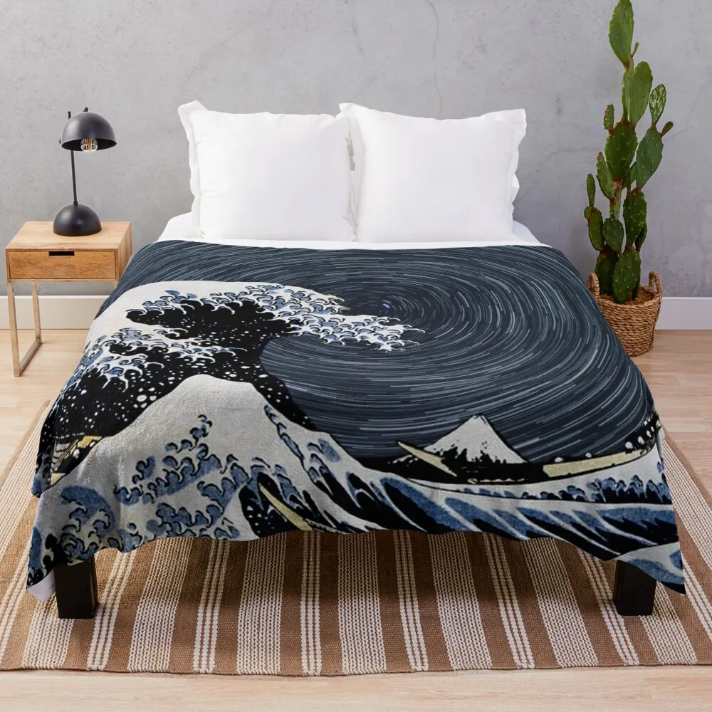 

Kanagawa wave in a starry night Throw Blanket Flannel Blanket