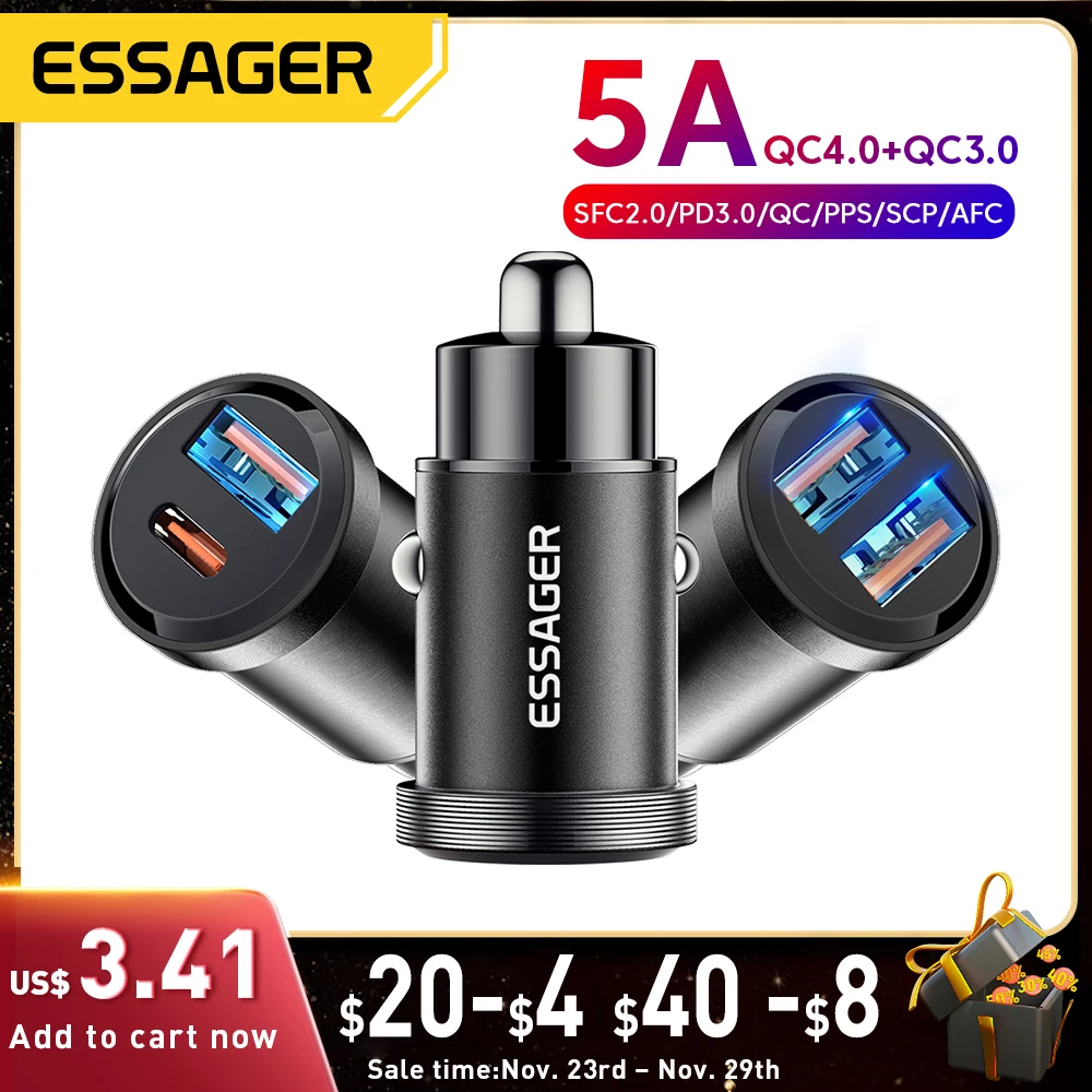 

Essager 30W USB Car Charger Quick Charge4.0 QC PD 3.0 SCP 5A USB Type C Car Fast Charging For iPhone 12 13 Huawei Samsung Xiaomi