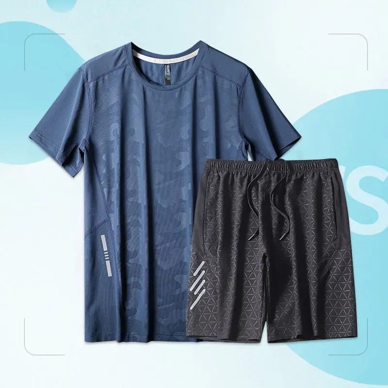 2023 Summer Ice Silk Fabric Motion Men's Set Man Round Neck Short Sleeve Breathable T-Shirts + Thin Style Quick Drying Shorts