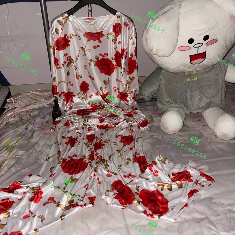 Autumn spring glossy satin pajamas 2 pieces set Long sleeve women silk loose sleeping plus size top pants