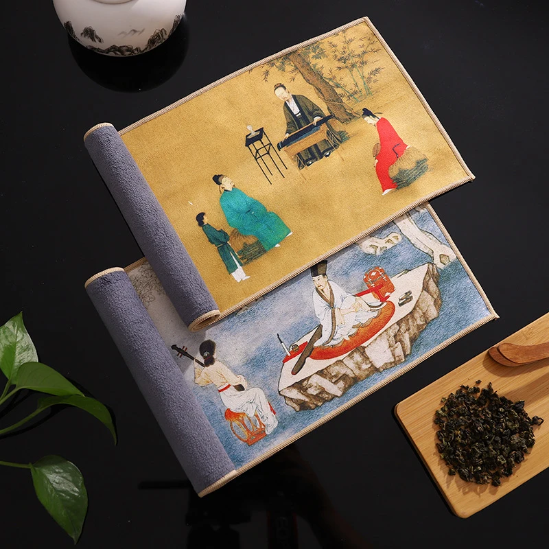 Chinese Painted Thick Tea Towel Super Absorbent High-end Tea Set Accessories Table Mats Professional RagTea Napkin 18x40cm