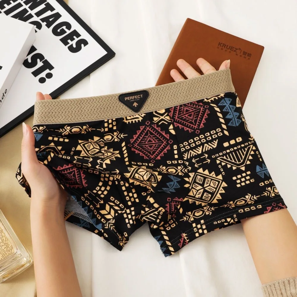 Bóxer de estilo étnico Retro para hombre, calzoncillos cómodos con estampado Vintage, ropa interior elástica para hombre, lencería, pantalones cortos de cintura media, calzoncillos