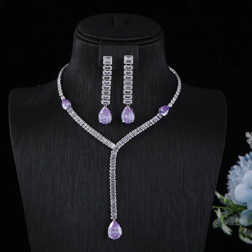 

Роскошное ожерелье с подвеской в виде капли воды, серьги, полная прокладка, фиолетовый кубический цирконий, обручальное бриллиантовое ювелирное изделие для женщин из Дубая A0224