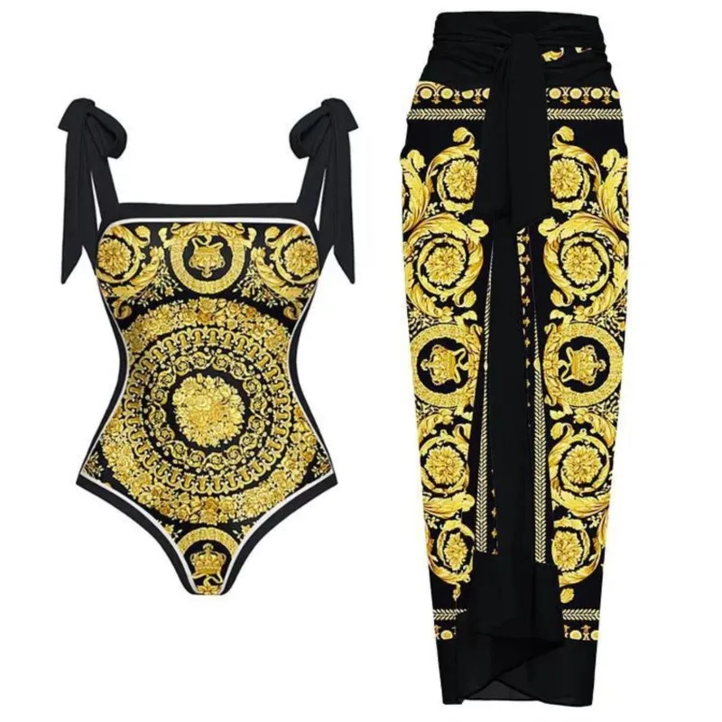 Two Piece Women's Set Fashion Printed Swimwear Summer Sexy Jumpsuit Swimsuit Chiffon Slit Skirt Matching Suit 2023 New Arrival