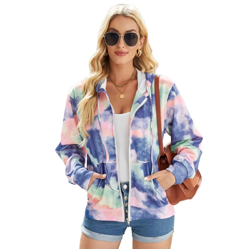 Street trendy women's clothing 2023 Autumn New Hooded Zipper Top Cardigan Tie Dyed Long Sleeve Women coat Three colors available