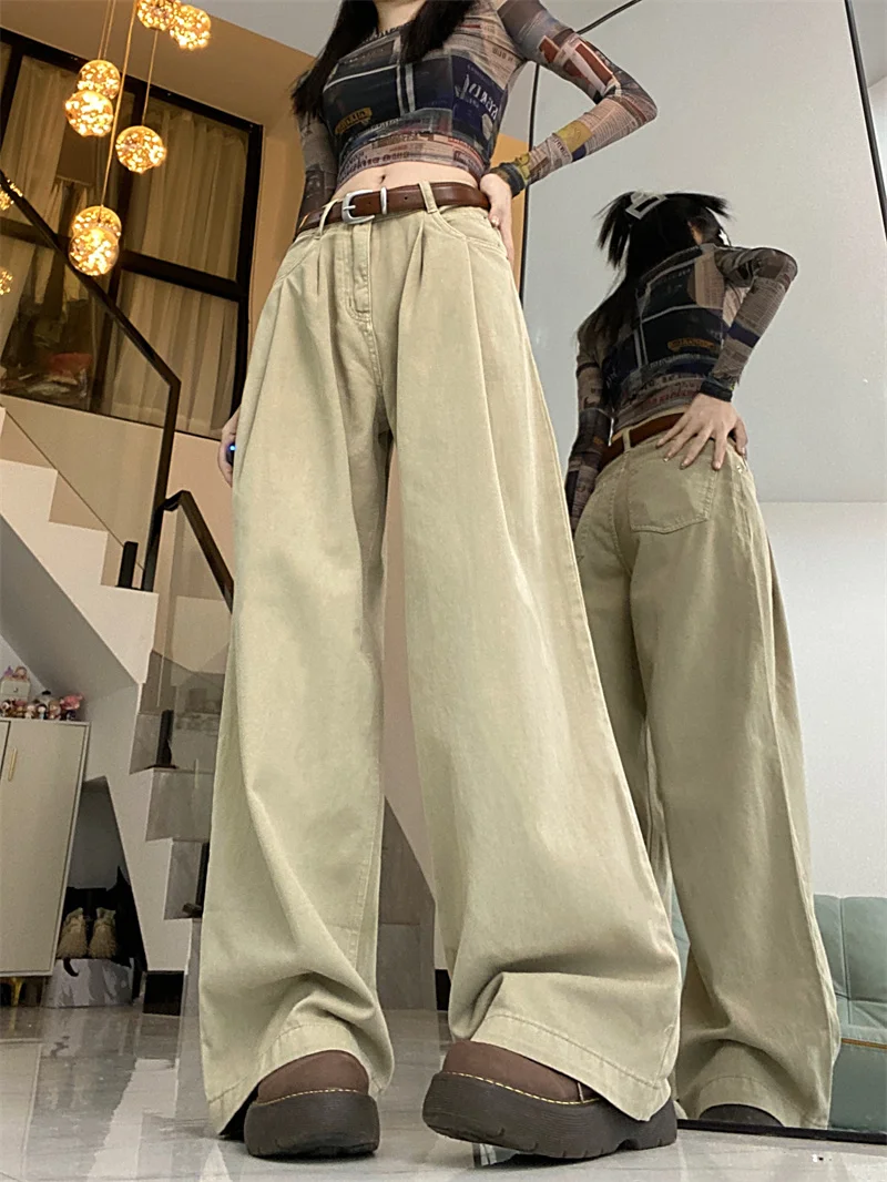 Khaki Casual Pants For Women Loose Fitting High Waisted Straight Wide Leg Pants Autumn 2023 New White Suit Pants