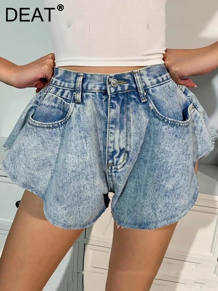 

Женские джинсовые шорты с заклепками DEAT, однотонные свободные шорты из денима с высокой талией, оборками, пуговицами и карманами, весна 2024